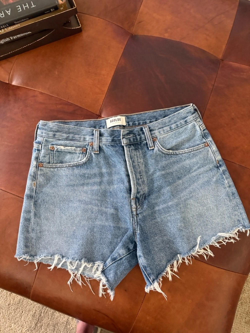 Agolde Light Blue Frayed Hem Denim Cutoff Shorts